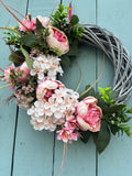 Peony and Hydrangea wreath with blush peonies and cream hydrangea