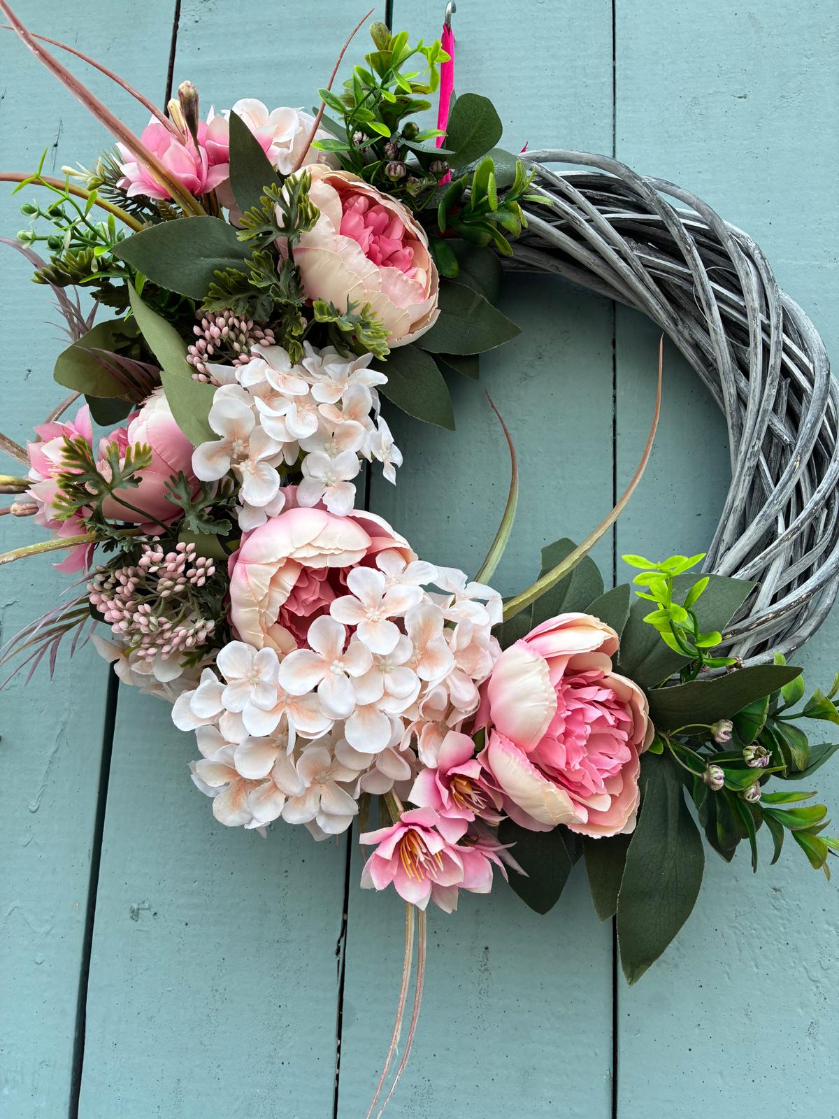 Peony and Hydrangea wreath with blush peonies and cream hydrangea