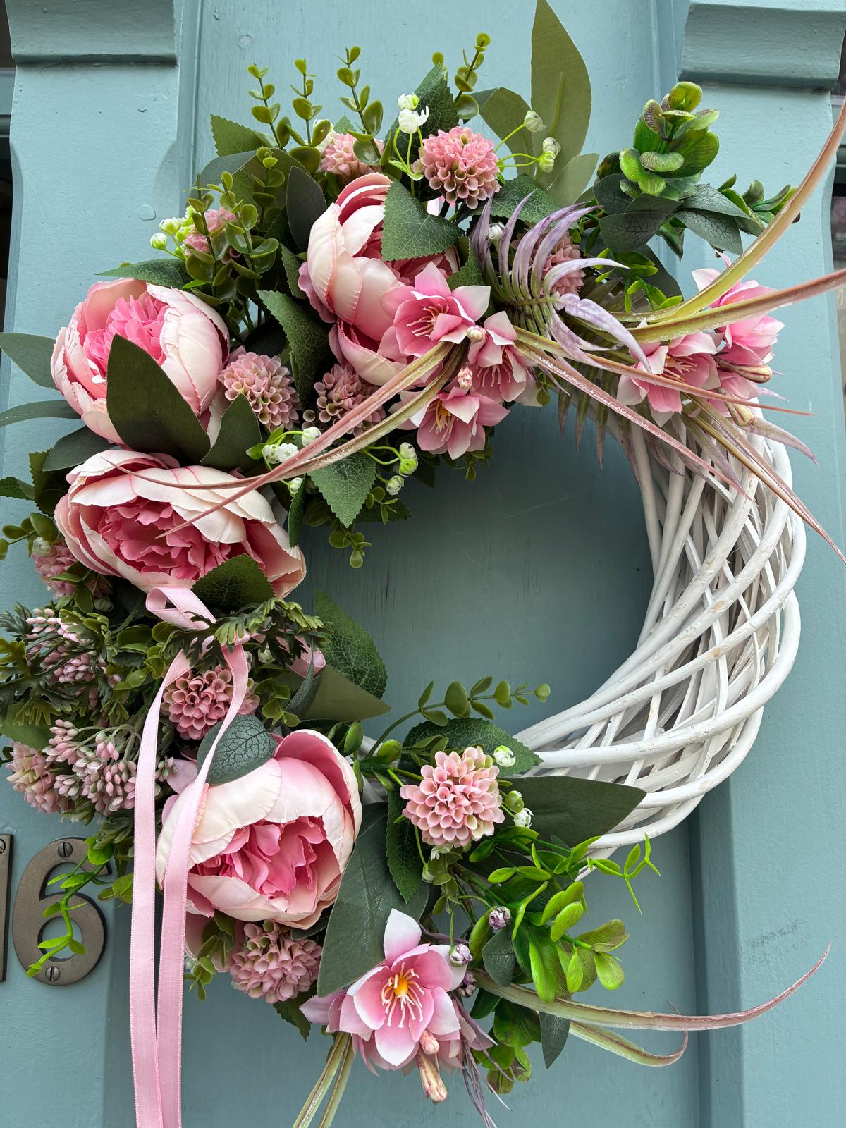 Peony Blossom wreath with pink peonies on a white willow ring