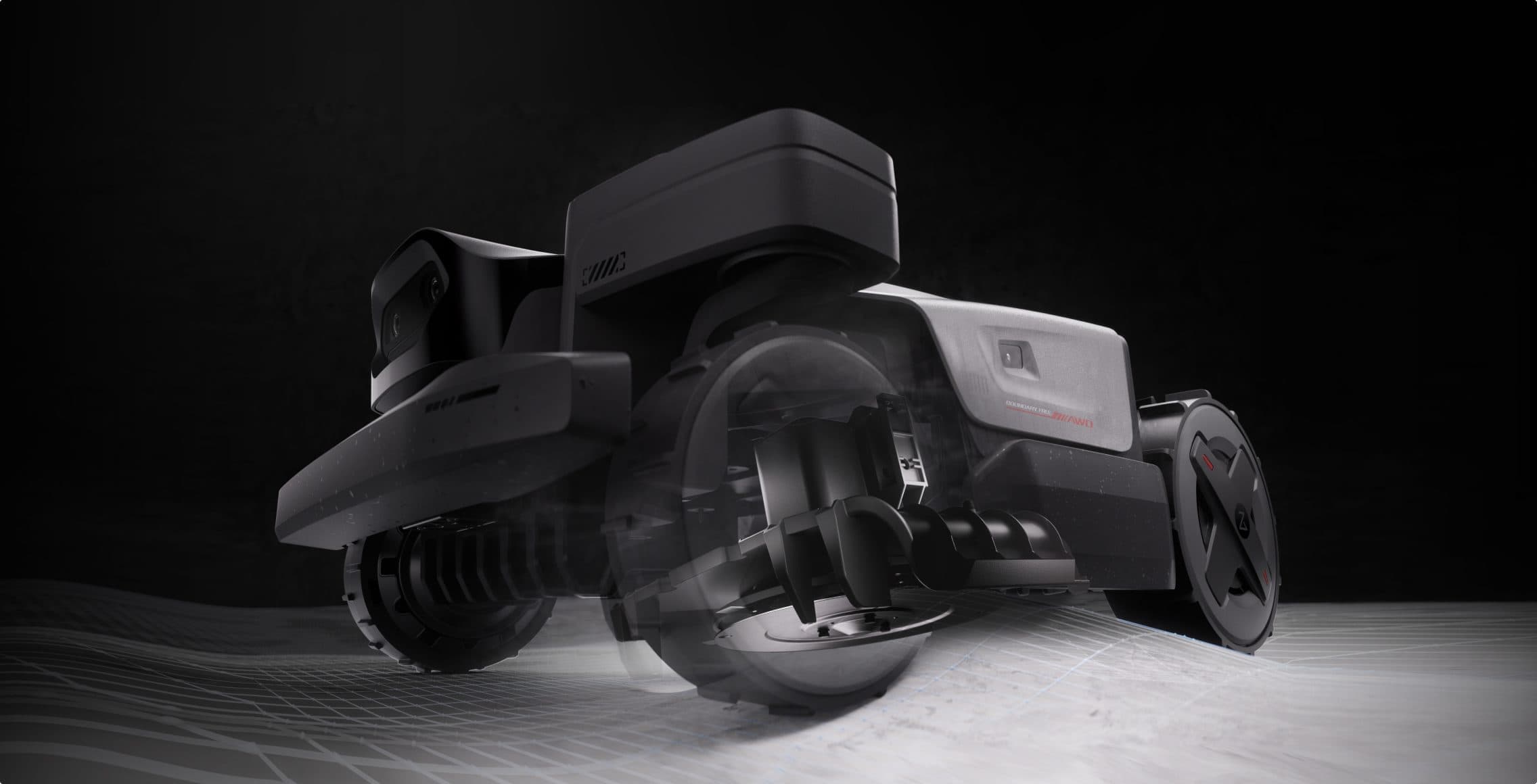 RockMow Z115 crossing rough ground on its suspension